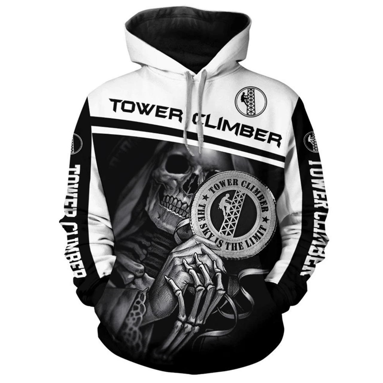 FUNSTUFFPRINT Tower Climber Gifts Skull Tower Climber Gifts Black And White 3D Hoodie and Zip Hoodie