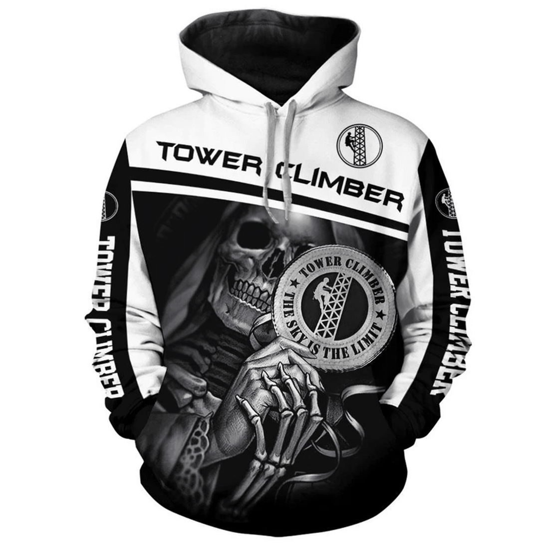 FUNSTUFFPRINT Tower Climber Gifts Skull Tower Climber Gifts Black And White 3D Hoodie and Zip Hoodie