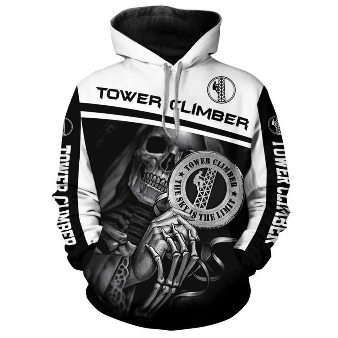 FUNSTUFFPRINT Tower Climber Gifts Skull Tower Climber Gifts Black And White 3D Hoodie and Zip Hoodie