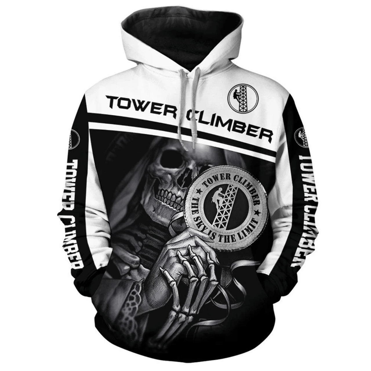 FUNSTUFFPRINT Tower Climber Gifts Skull Tower Climber Gifts Black And White 3D Hoodie and Zip Hoodie