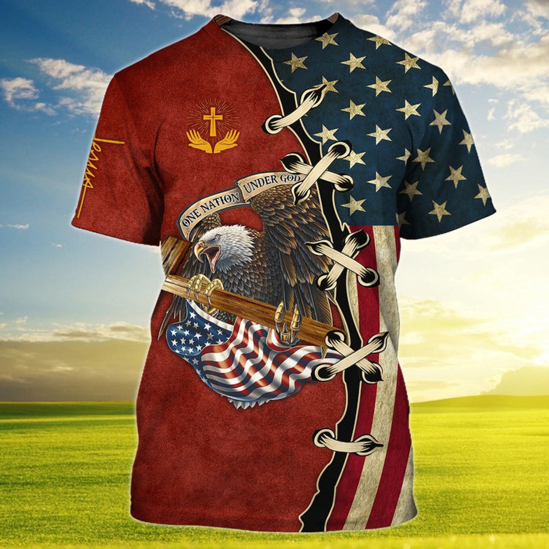 FUNSTUFFPRINT Eagle Us Flag One Nation Under God, 4Th Of July 3D T-shirt