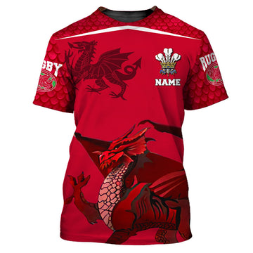 FUNSTUFFPRINT WALES RUGBY - RED DRAGON- Personalized Name 3D T-Shirt