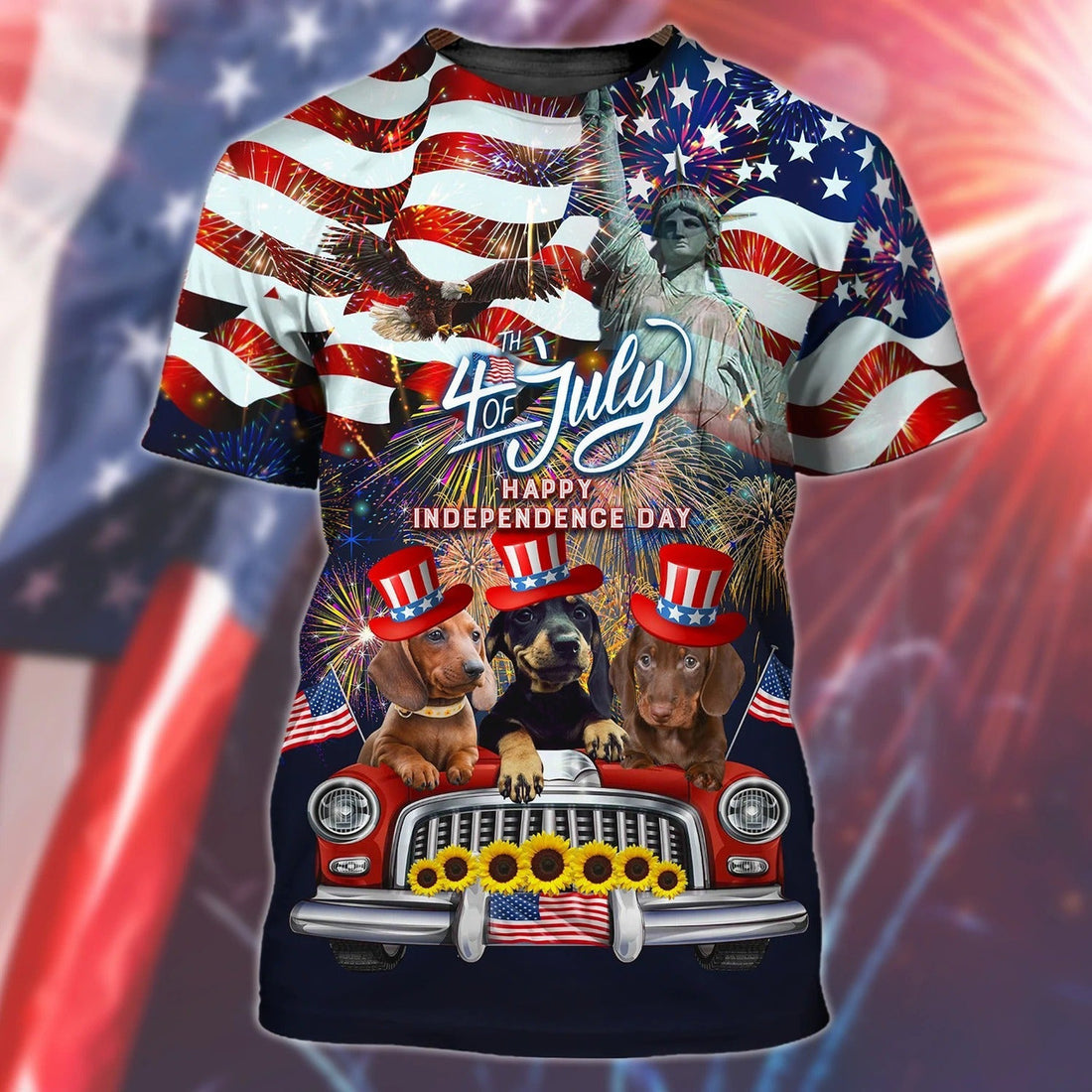 FUNSTUFFPRINT Dachshund American - Independence Day Is Coming- 3D Full Print 4Th July 3D T-shirt
