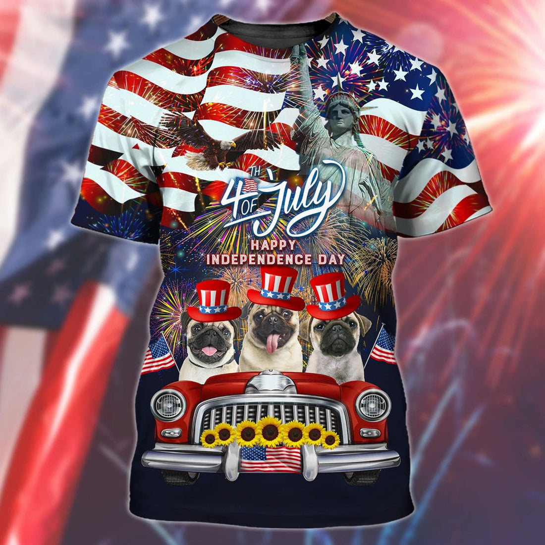 FUNSTUFFPRINT Pug American - Independence Day Is Coming- 3D Full Print 4Th Of July Tee Shirts 3D T-shirt