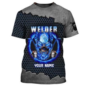 FUNSTUFFPRINT Grumpy Old Welder 3D Shirts Personalized Name, Skull On Blue Fire Welder Shirt 3D T-shirt