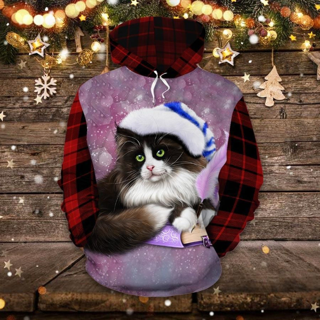 FUNSTUFFPRINT Tuxedo Cat Book Feather Plaid 3D Hoodie and Zip Hoodie