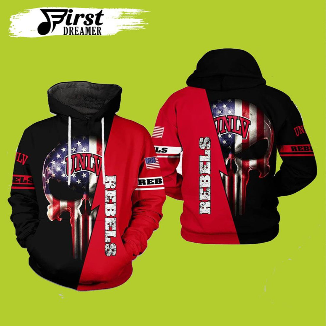 FUNSTUFFPRINT Rebels NCAA US Flag Skull 3D Hoodie and Zip Hoodie