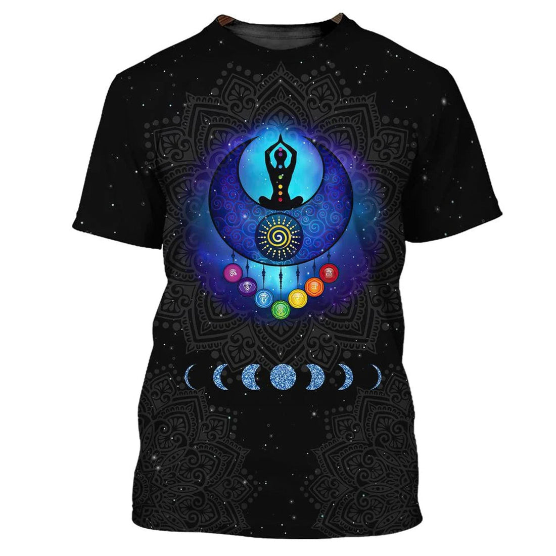 Meditation Girl Seven Chakra Mandala 3D T-Shirt, Black Mandala Shirt, Black Hippie T-Shirt