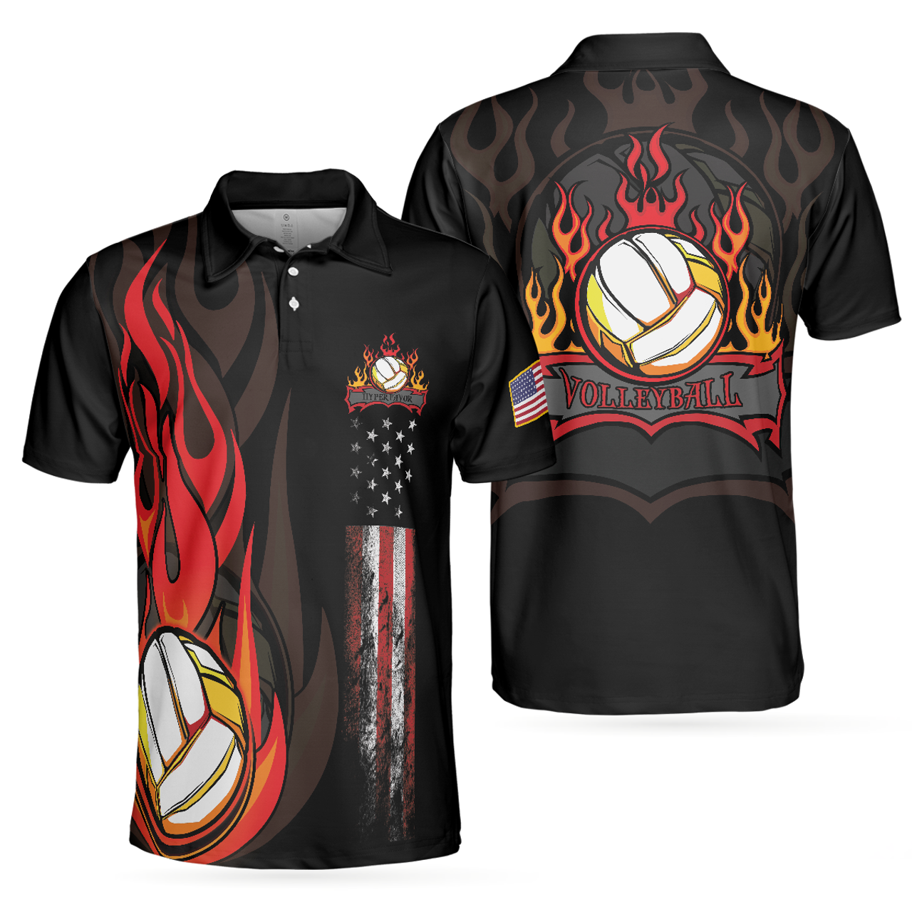 Volleyball Flame Short Sleeve Polo Shirt, Black American Flag Polo Shirt, Best Volleyball Shirt For Men