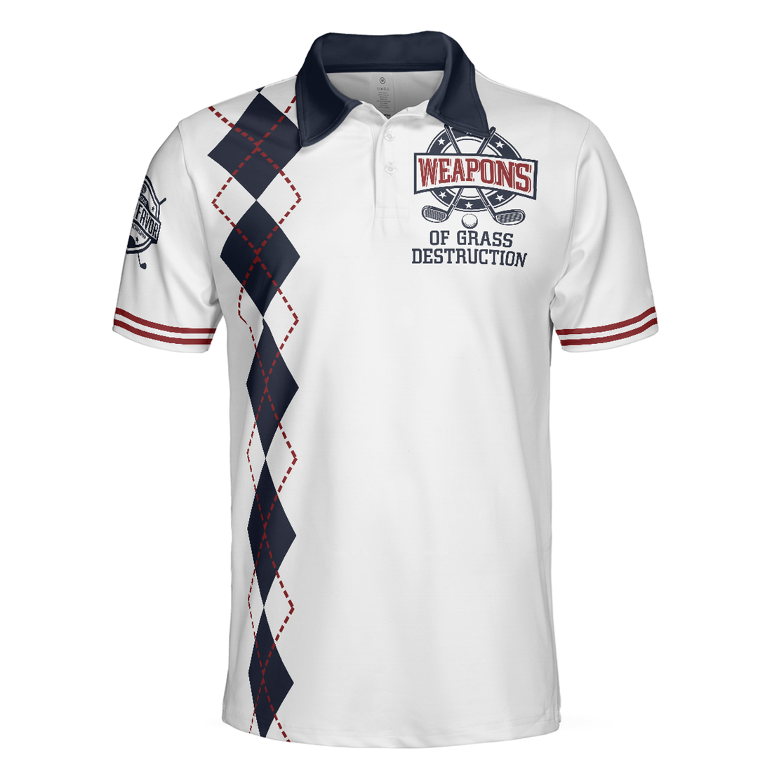 Weapons Of Grass Destruction Short Sleeve Polo Shirt, White And Navy Argyle Pattern Polo Shirt, Best Golf Shirt For Men