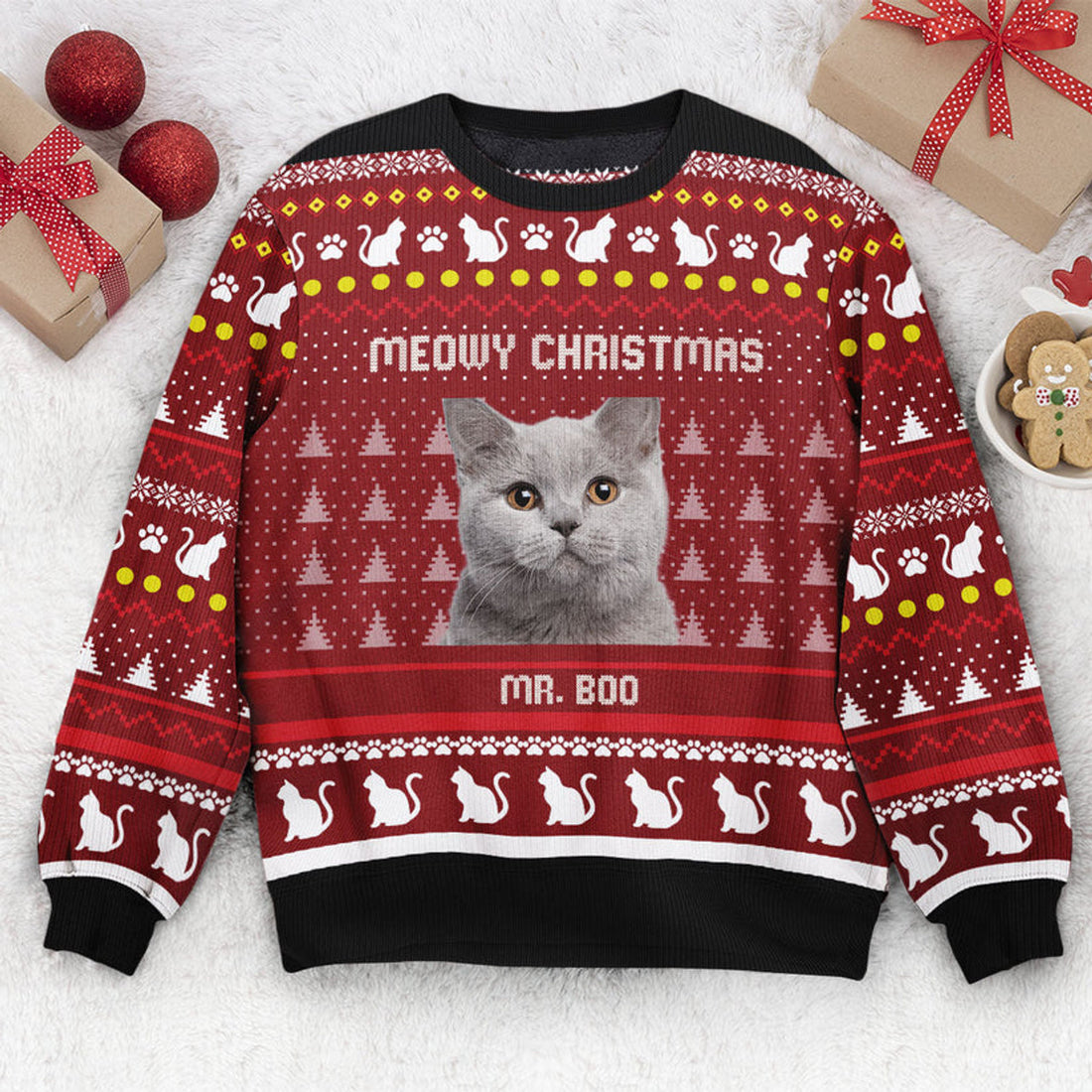 FUNSTUFFPRINT Custom Meowy Christmas Ugly Sweater