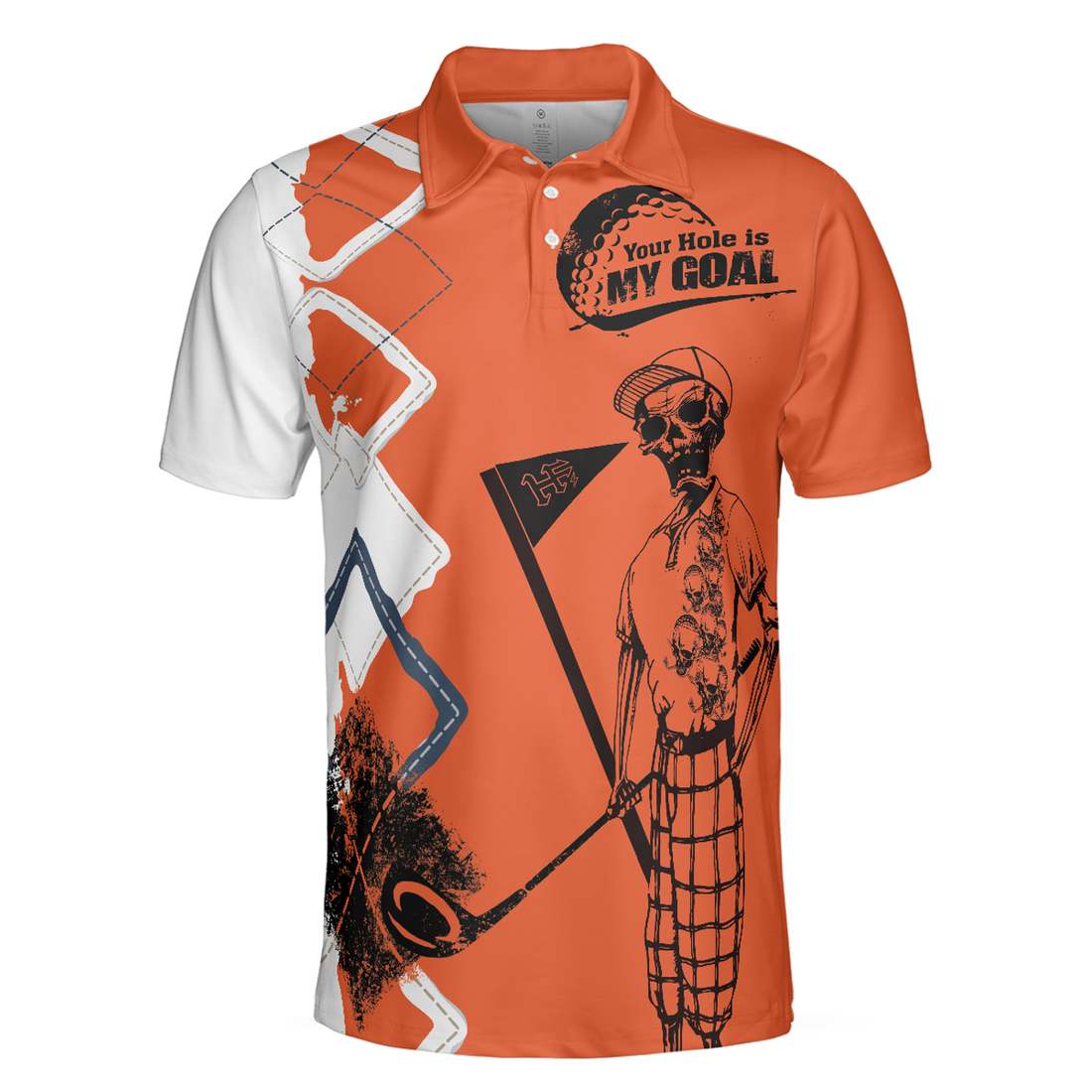 Your Hole Is My Goal Golf Polo Shirt, Orange Argyle Pattern Skeleton Golfer Polo Shirt, Best Golf Shirt For Men