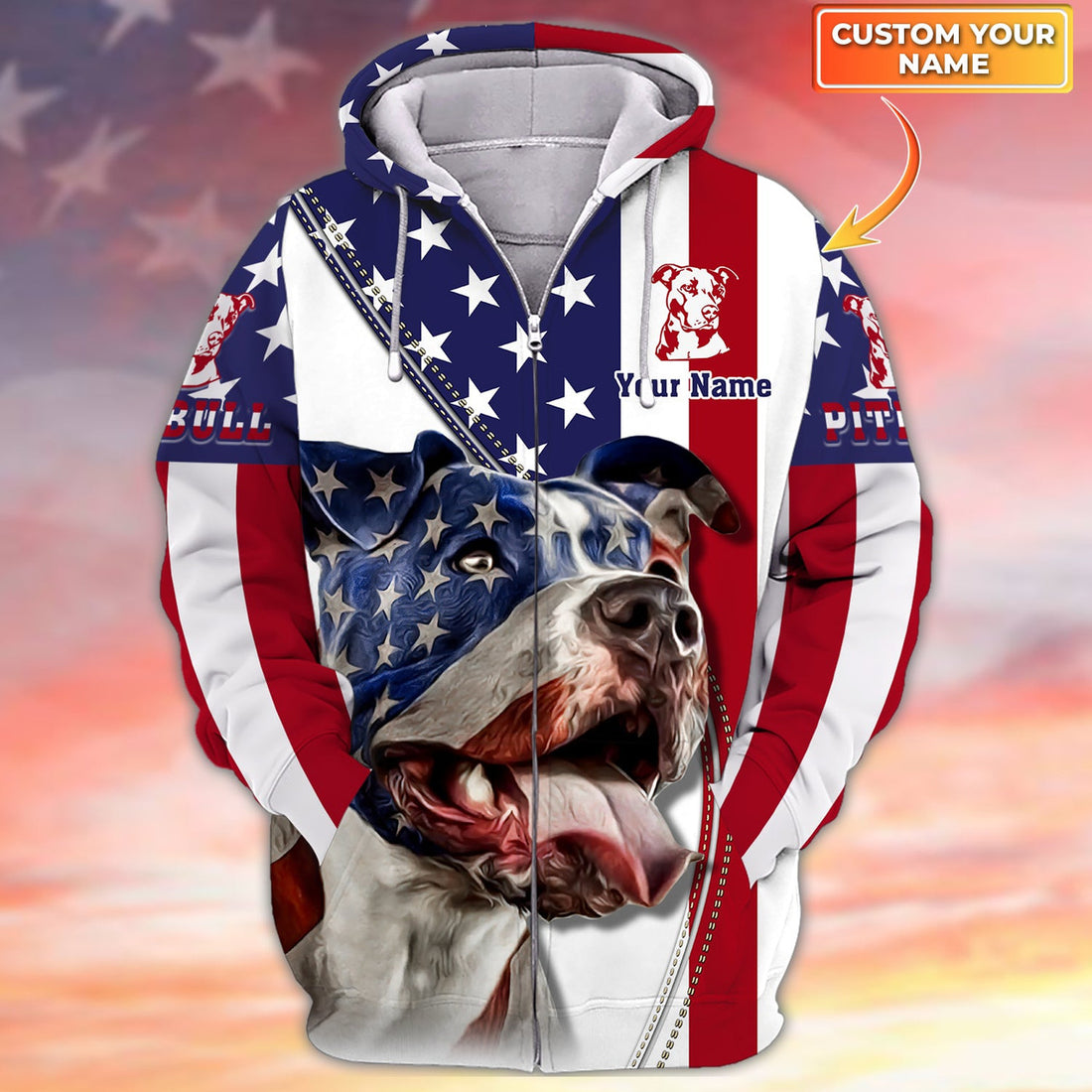 FUNSTUFFPRINT Custom Pitbull American Flag 3D Hoodie and Zip Hoodie