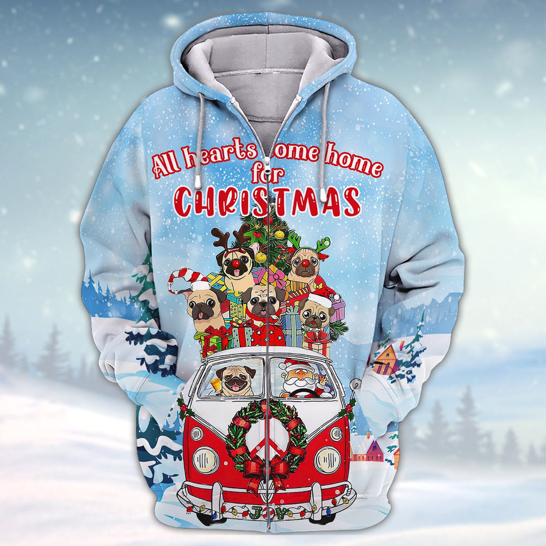 FUNSTUFFPRINT Pugs Dog All Hearts Come Home For Christmas 3D Shirt Pugs Dog And Santa On Hippie Car 3D Hoodie and Zip Hoodie